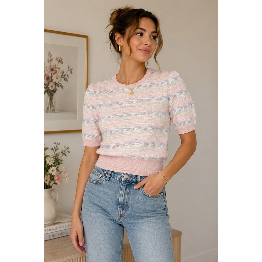 Castleberry Vintage Pastel Geometric Knit Sweater USA Made S Cottagecore